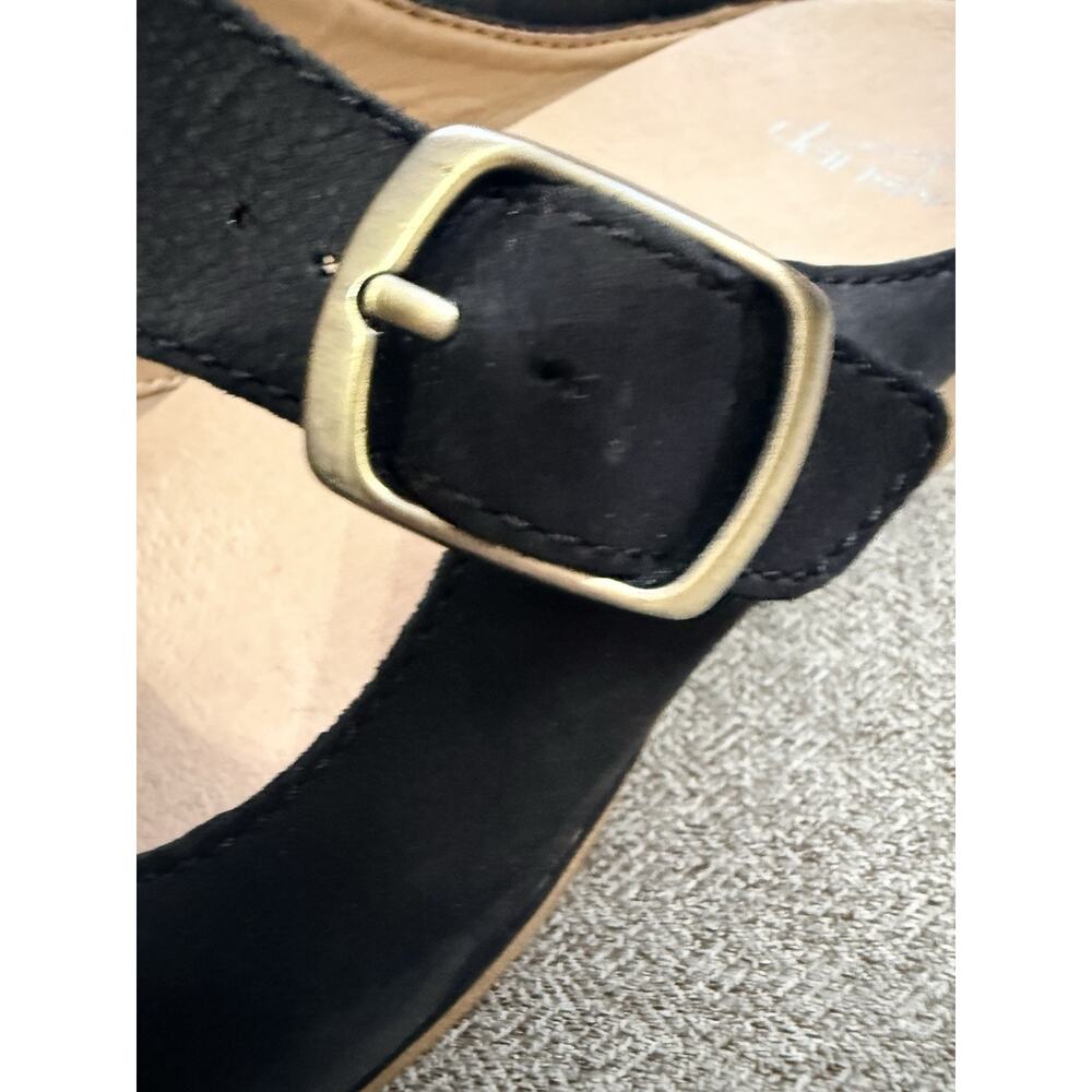 Dansko Black Suede Clog Mules with Tan Wood-Look Heel - Picture 4 of 10